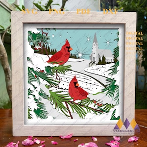 3D Cardinals Cricut SVG, Boîte à lumière de Noël, Jour de neige d'hiver, Cathédrale en couches, Silhouette.