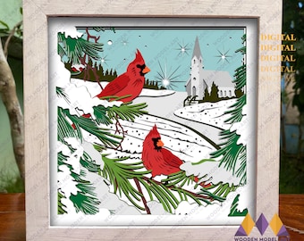 3D Cardinals Cricut SVG, Weihnachten Light Box, Winter Schnee Tag, Kathedrale geschichtet, Silhouette.