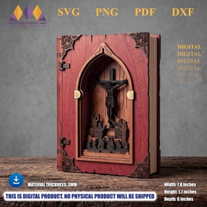 May include: A 3D layered wooden book-shaped wall art piece featuring a central arched cutout with a depiction of the crucifixion of Jesus. The red-stained wood frame includes decorative corner accents, metal hinges, and a 3mm material thickness.