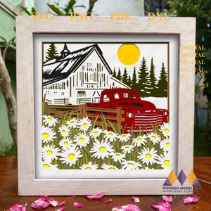 3D RED TRUCK FARM Svg Shadow Box, décoration de paysage de grange, papier cartonné marguerites, paysage, pour Cricut - Pour la silhouette - Découpe laser Glowforge.
