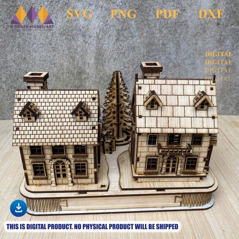 May include: Laser-cut wooden model of two houses and a Christmas tree. The houses have detailed roof shingles, windows, and chimneys. The model is on a base with the text "THIS IS DIGITAL PRODUCT. NO PHYSICAL PRODUCT WILL BE SHIPPED".