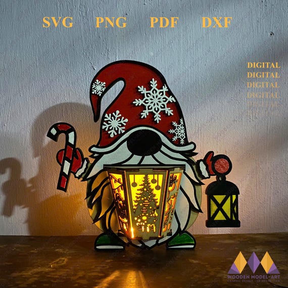 Christmas Gnome Lantern Laser Cut File: 3D Night Lamp (SVG, DXF, PDF)