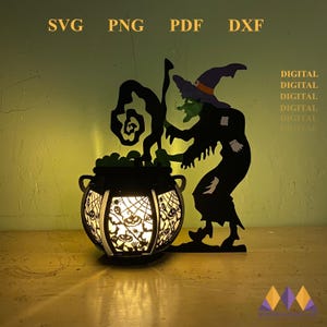 May include: A black silhouette of a witch stirring a cauldron with a black cat on top. The cauldron is filled with green liquid and has a light inside. The witch is wearing a pointed hat and a long robe. The image is labeled "SVG PNG PDF DXF DIGITAL DIGITAL DIGITAL DIGITAL DIGITAL".