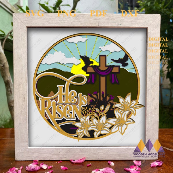 Easter Svg Shadow Box, He Is Risen SVG, Crown of Thorns SVG, Glowforge Easter, Layered - For Cricut - Silhouette.