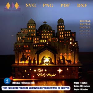 May include: A wooden Nativity scene with a city backdrop, illuminated windows, and the text "Oh Holy Night." The scene includes figures of the Holy Family, the Three Wise Men, and a star. Dimensions are 11 inches wide, 10.5 inches high, and 4.8 inches deep.