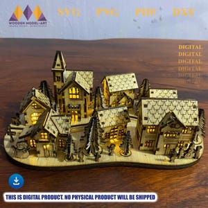 May include: A wooden village model with illuminated windows and intricate details. The model features several houses, trees, and a church, all crafted from light-colored wood. The text "WOODEN MODEL-ART" and "THIS IS DIGITAL PRODUCT. NO PHYSICAL PRODUCT WILL BE SHIPPED" are visible.