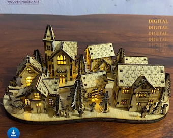 Laser Cut Miniature Christmas Village Scene Candle Holder: Christmas Table Lamp Decor (Digital File)
