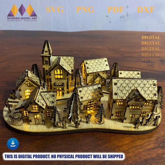 Laser Cut Miniature Christmas Village Scene Candle Holder: Christmas Table Lamp Decor (Digital File)