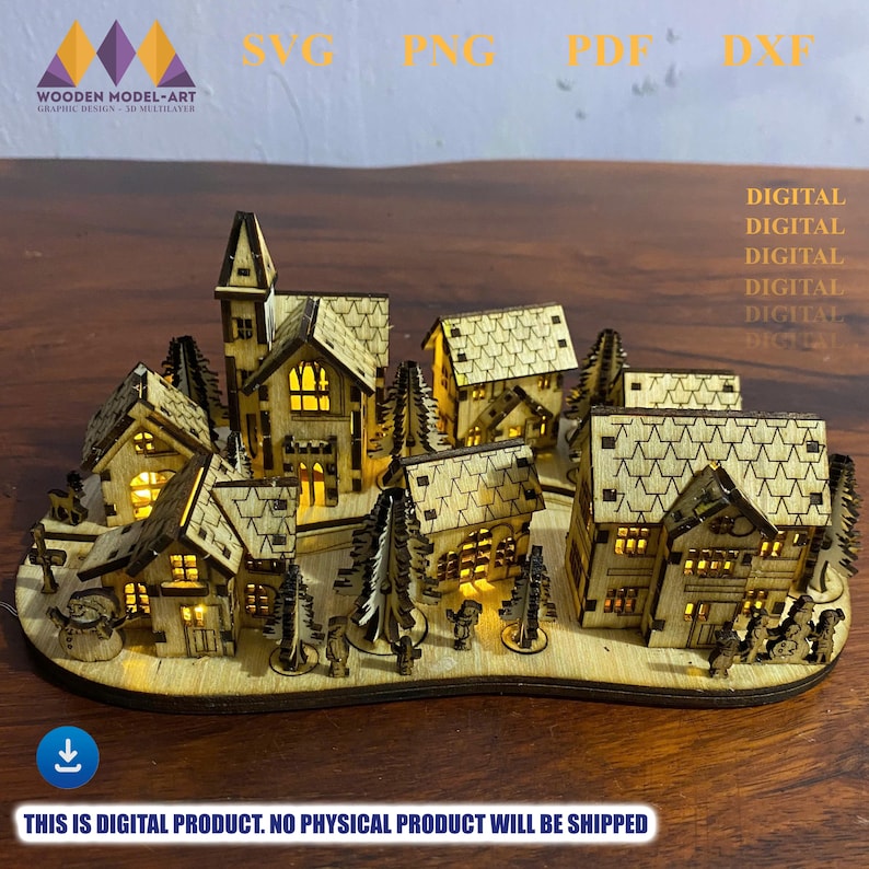 May include: A wooden village model with illuminated windows and intricate details. The model features several houses, trees, and a church, all crafted from light-colored wood. The text "WOODEN MODEL-ART" and "THIS IS DIGITAL PRODUCT. NO PHYSICAL PRODUCT WILL BE SHIPPED" are visible.