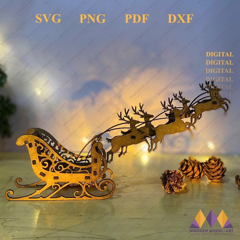 Santa Sleigh Laser Cut File: Christmas Reindeer SVG, Glowforge Ready ...