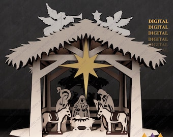 May include: A laser cut wooden nativity scene with a star on top, two angels, and a manger with a baby Jesus, Mary, Joseph, and two donkeys. The scene is designed to be assembled.