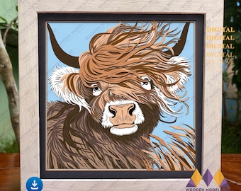 3D Highland Cow SVG Shadow Box-mall (digital nedladdning)