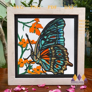 PAPILLON 3D Layered SVG Shadow Box - FLEUR colorée Multicouche - Floral Mandala Pop Art - Svg Cardstock Light Box - Criccut - Silhouette