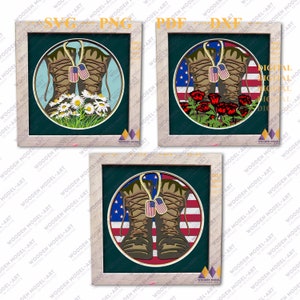 3D BOOTS BUNDLE Svg, Daisies Shadow Box Svg - AMAPOLA American Flag Svg Cricut, 4 de julio Patriotic Daisies - Día de la Independencia.