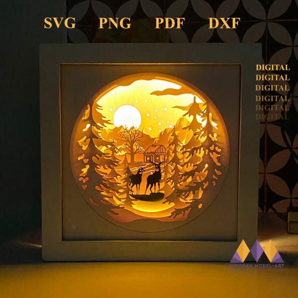 DEER IN FOREST Light Box Svg - Winter Christmas Shadow Box - Svg for Cricut - Silhouette.