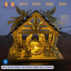 May include: A wooden nativity scene with a glowing candle inside. The scene includes figures of Mary, Joseph, baby Jesus, the three wise men, and animals. The roof features angels and a star. The image also includes the text "SVG, PNG, PDF, DXF".