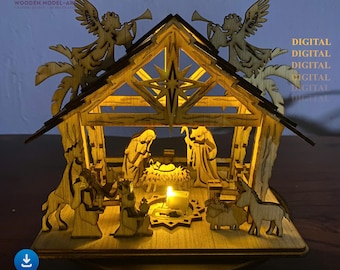May include: A wooden nativity scene with a glowing candle inside. The scene includes figures of Mary, Joseph, baby Jesus, the three wise men, and animals. The roof features angels and a star. The image also includes the text "SVG, PNG, PDF, DXF".