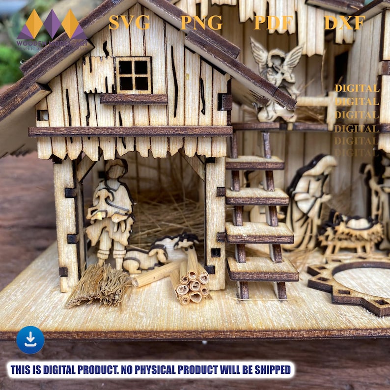 Op de afbeelding: Een gedetailleerde houten kerststal, lasergesneden met ingewikkelde ontwerpen. De sc&egrave;ne bevat figuren, een stal en een ladder. De tekst "SVG, PNG, PDF, DXF" is zichtbaar, samen met de tekst "THIS IS DIGITAL PRODUCT. NO PHYSICAL PRODUCT WILL BE SHIPPED."