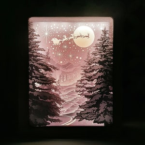 Merry Christmas Shadow Box/Lightbox Snow Santa's Cabin - Natale / Natale inverno nella foresta 3D Carta Tagliata Modello Light Box SVG Digitale