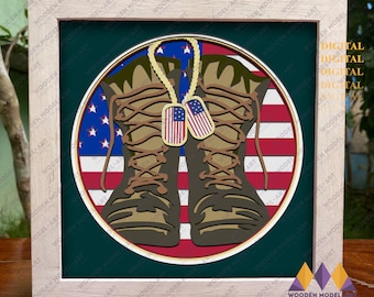 May include: A digital papercraft design featuring a pair of brown military boots with a red, white, and blue American flag background. The boots are adorned with a gold chain and two dog tags with the American flag.