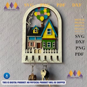 Portachiavi o decorazione BALLOON HOUSE, Carls Flying House, cartelli da parete, decorazione, file pronto per il laser Glowforge, verniciatura digitale del compensato, taglio laser.