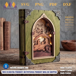 May include: A green wooden book-shaped light box featuring a laser-cut nativity scene with a town and palm trees. The piece includes ornate metal corner accents and measures 7.8 inches wide, 1.7 inches high, and 6 inches deep. Digital file format.