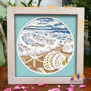 3D SEA WAVE svg, BEACH Shadow Box, schelpen cricut en digitaal snijbestand silhouet.