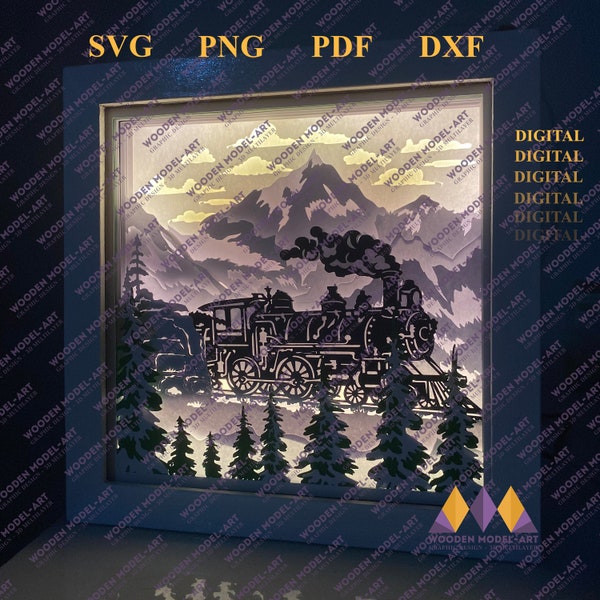 MOUNTAIN RAILWAYS Light Box, Vintage Train Svg Shadow Box, 3D Train Svg, Locomotive Svg Template for Cricut, For Silhouette MOUNTAIN RAILWAYS Light Box, Vintage Train Svg Shadow Box, 3D Train Svg, Locomotive Svg Template for Cricut, For Silhouette