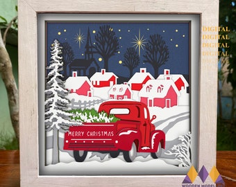 3D RED TRUCK Christmas Shadow Box - Christmas Village House - Light Box - Criccut - Silhouette.