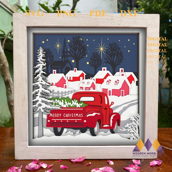 3D RED TRUCK Christmas Shadow Box - Christmas Village House - Light Box - Criccut - Silhouette.