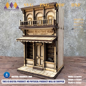May include: A laser-cut wooden model of a shop, with the text "BOOKS READ THIS YEAR SINH'S LIBRARY". The model is 11.4 cm wide, 18 cm high, and 10.4 cm deep. It is a digital product.