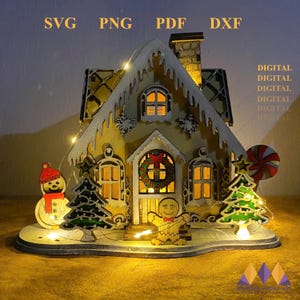CHRISTMAS GINGERBREAD House svg Laser Cut, Albero di Natale e Pupazzo di neve: Casa in miniatura invernale - Scena innevata Taglio laser digitale