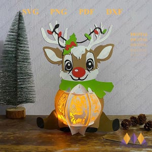 Reno linterna Svg papel cortado, caja de sombra de linterna 3D, decoración navideña, adornos navideños de linterna DIY - Plantilla de papel cortado para Navidad
