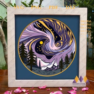3D Northern Lights Shadow Box SVG: Aurora Borealis, Mountain Scene (Digital Download)