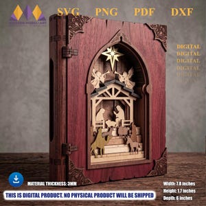 May include: A multilayered wooden nativity scene inside a book-shaped frame. The dark red cover features ornate corner carvings. The interior displays a stable with figures of the holy family, angels, a camel, and a donkey under a star. Dimensions: 7.8 inches wide, 1.7 inches high, 6 inches deep.