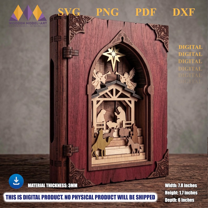 May include: A multilayered wooden nativity scene inside a book-shaped frame. The dark red cover features ornate corner carvings. The interior displays a stable with figures of the holy family, angels, a camel, and a donkey under a star. Dimensions: 7.8 inches wide, 1.7 inches high, 6 inches deep.