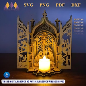 Op de afbeelding: Een houten, lasergesneden kerststal met een kaars erin. De scène toont ingewikkelde uitsparingen van bijbelse figuren en architectonische details. De tekst "SVG PNG PDF DXF" is bovenaan zichtbaar. De tekst "DIGITAL" wordt aan de rechterkant herhaald. De tekst "THIS IS DIGITAL PRODUCT. NO PHYSICAL PRODUCT WILL BE SHIPPED" staat onderaan.