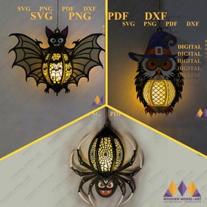 Pakiet 3 Latarnia Halloween PDF, SVG, Latarnia Nietoperz, Latarnia Pająk - Latarnia Sowa Dekoracja Halloween