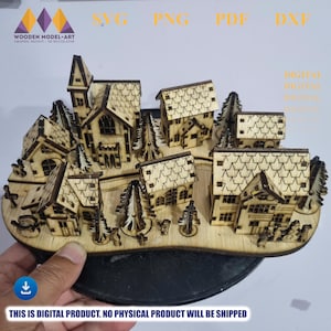 May include: A wooden model of a village with multiple buildings and trees. The model is made of light brown wood and has intricate details. The text "SVG PNG PDF DXF" is visible at the top. The text "THIS IS DIGITAL PRODUCT. NO PHYSICAL PRODUCT WILL BE SHIPPED" is at the bottom.