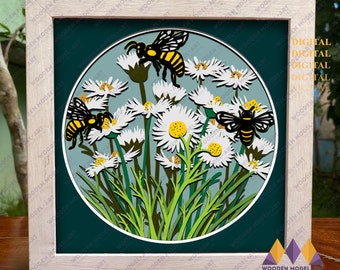 3D Bee and Daisies Shadow Box SVG: Layered Mandala (Digital Download)