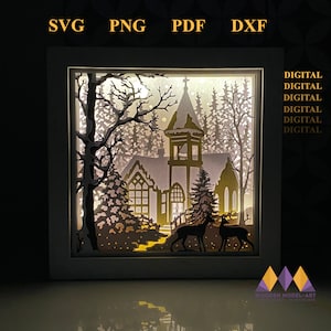 May include: A digital cut file design of a snowy church with a deer in the foreground. The design is perfect for creating a 3D papercraft model.