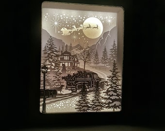 Christmas Shadow Box: Vintage Red Car, Pine Tree (SVG Digital)