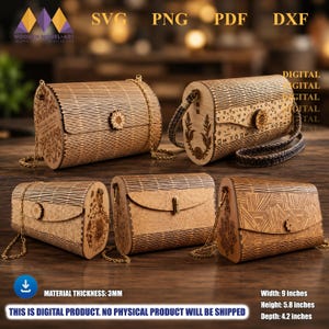 May include: Five intricately designed wooden handbags with chain straps are shown. The bags feature various patterns, including floral and geometric designs. Each bag has a sunflower-shaped clasp. Dimensions are approximately 23 cm wide, 15 cm high, and 11 cm deep.