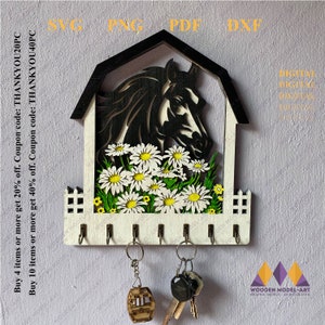 HORSE Key Hanger Svg, FARM Decor - DAISIES Archivo listo para láser - Glowforge y todos los láseres, pintura de madera contrachapada Diseño digital Corte láser.