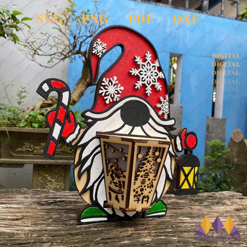 May include: A wooden Christmas gnome figurine with a red hat, white beard, and a lantern in its hand. The gnome is holding a candy cane in its other hand. The gnome is standing on a wooden surface.
