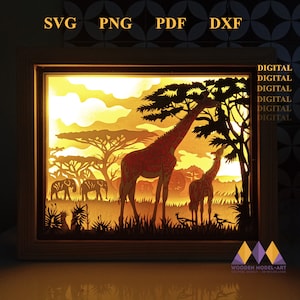 May include: A digital cut file design for a 3D layered papercraft model of a giraffe family in a savanna setting. The design includes a giraffe, a baby giraffe, and elephants. The design is available in SVG, PNG, PDF, and DXF formats.  The text "DIGITAL" is repeated five times on the right side of the image.