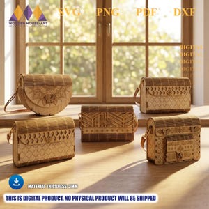 May include: Five laser-cut wooden purses with intricate designs, including a butterfly, geometric patterns, and floral motifs. The purses are light brown and have adjustable straps. The text on the image says "SVG PNG PDF DXF" and "MATERIAL THICKNESS: 3MM".