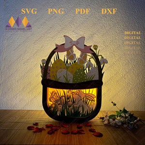EASTER BUNNY Svg Shadow Box, Wielkanocny koszyk świetlny, Wesoła latarnia wielkanocna, Kwiatowy KRÓLIK Pdf, Jajka Svg do projektów Cricut z papieru kartonowego.