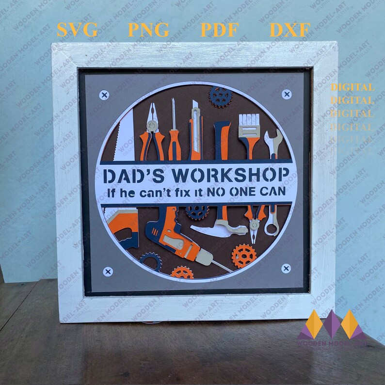 Op de afbeelding: Een wit ingelijst beeld met een bruine achtergrond en een cirkel in het midden. De cirkel heeft een grijze achtergrond met een verscheidenheid aan gereedschappen in oranje, zwart en blauw. De tekst "DAD'S WORKSHOP If he can't fix it NO ONE CAN" staat in witte letters.