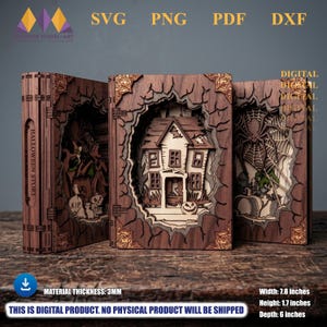 Puede incluir: Tres dioramas de madera en forma de libro con temas de Halloween. La pieza central muestra una casa encantada, mientras que las laterales exhiben un cementerio con una telaraña y una bruja con un caldero. El texto dice HALLOWEEN STORY.